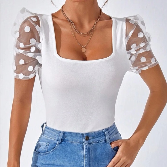 **SIZE L** SHEIN Contrast Mesh Puff Sleeve Square Neck Tee MINT - Picture 1 of 7